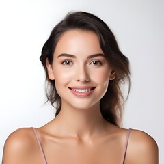 young happy woman posing and looking in camera,white background