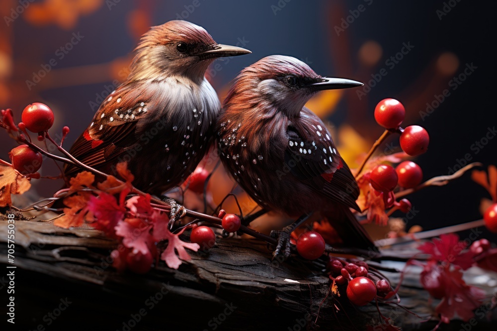 Poster a couple of birds sitting on top of a tree branch next to a branch with red berries on it and a bran