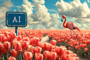 pink flamingo in field of tulips, a sign "AI" is emphasizing the era of artificial intelligence. Generative AI 