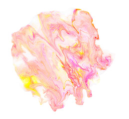 Bright colorful acrylic stain. Liquid flowing acrylic with marble texture on transparent background. Hand made abstract artwork with pink, orange, white and yellow colors.