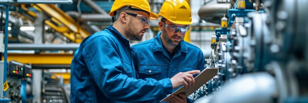 Industrial Teamwork in Manufacturing Plant.
Industrial workers with clipboard in factory setting. - Powered by Adobe