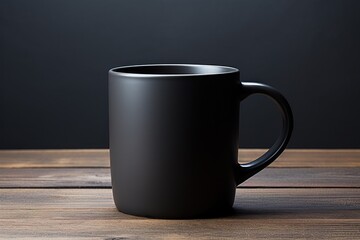  a black coffee mug sitting on top of a wooden table in front of a black wall and a wooden table in front of it is a wooden floor and a black wall.