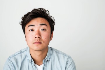 Laid-back portrait of an Asian man with a casual vibe, white background