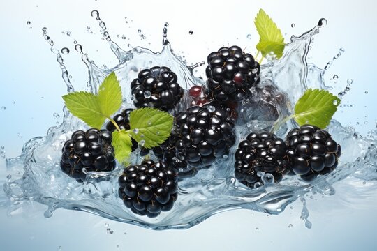  a group of blackberries splashing into water with green leaves on the top of the blackberries and on the bottom of the water are blackberries with green leaves.