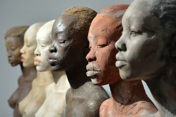 Inclusion and diversity concept: Sculptures of female with different skin colors, Racial unity to Fight against racism and racial discrimination - obrazy, fototapety, plakaty