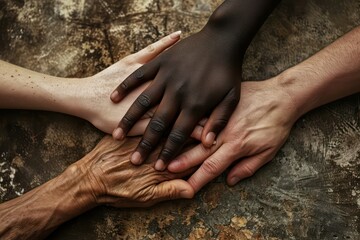 Hands of varied skin color forming unity fight against racism - obrazy, fototapety, plakaty