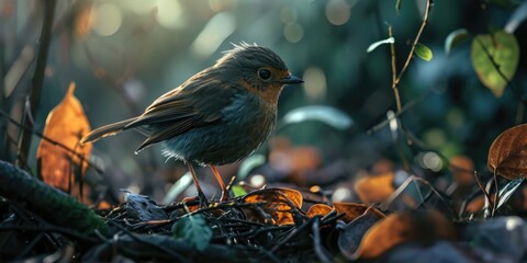 small bird standing on a branch with leaves, in the style of photorealistic accuracy, cabincore.