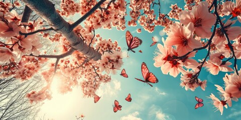 a springtime scene of colorful flowers in bloom, with blue sky and butterflies