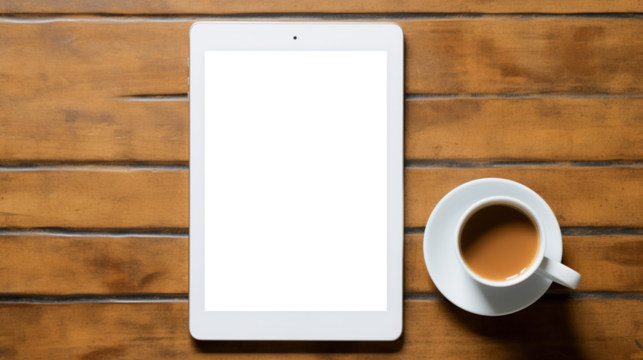 Tablet mockup top view. Tablet with transparent screen on wooden table