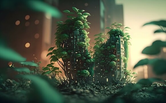 Modern city on green plants, dramatic surreal shots, dynamic composition, unusual angles, intricate details, cinematic lighting, bokeh, 8k HD