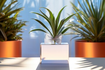  a couple of potted plants sitting on top of a white table next to each other on top of a white table with a white table cloth on the top.