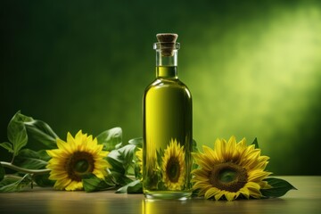  a bottle of sunflower oil sitting on a table next to a bunch of sunflowers with leaves on the side of the bottle and a green wall in the background.