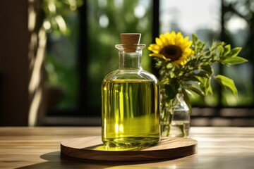  a bottle of sunflower oil sitting on a table next to a vase with a sunflower in it and a vase with a sunflower in front of a window.