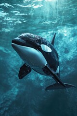 Fototapeta premium orcas or killer whales in Kvænangen fjord in Norway hunting for herrings