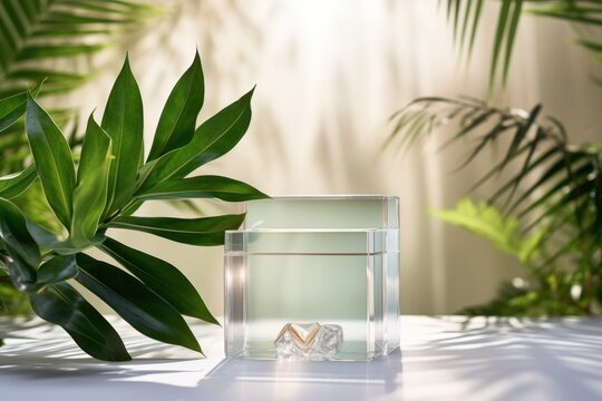  a couple of wedding rings sitting on top of a table next to a leafy green plant in front of a white wall with a light shining on the floor.