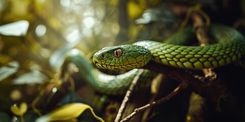 a green snake perched on a branch in the forest, cobra