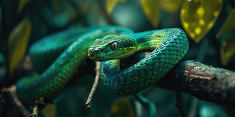a green snake perched on a branch in the forest, cobra