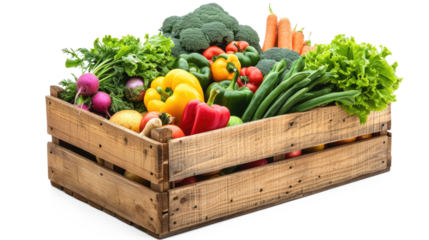 wooden box with vegtables isolated on white or transparent png background