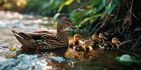 a mother duck with her baby ducks floating on the water
