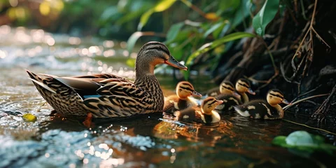 Fotobehang a mother duck with her baby ducks floating on the water © Landscape Planet