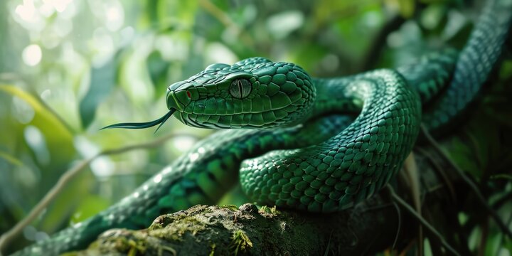 a green snake perched on a branch in the forest, cobra