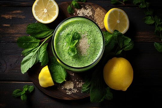  a glass of green smoothie surrounded by lemons, mint, and lemon wedges on a wooden plate on top of a wooden table with a black background.