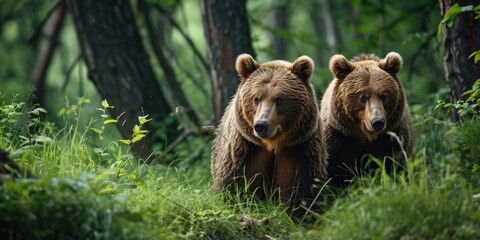 brown bear couple standing around in the forest