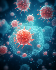 Fototapeta na wymiar microscopic view of group of isolated cancer cells. virus in red. illustration