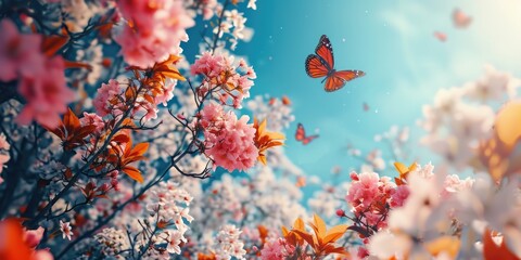 Fototapeta na wymiar a springtime scene of colorful flowers in bloom, with blue sky and butterflies