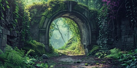 an archway is leading into a green forest