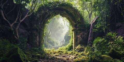 an archway is leading into a green forest