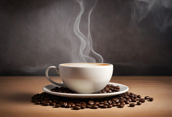 Coffee beans set against a backdrop of a cup