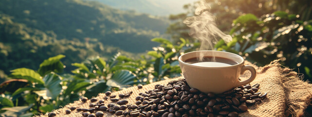 Hot coffee cup with organic coffee beans on the wooden table and the plantations background with