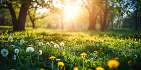 Fototapeta premium Idyllic springtime scene in a garden with young, vibrant green grass and dandelions blooming under the soft light filtering through trees