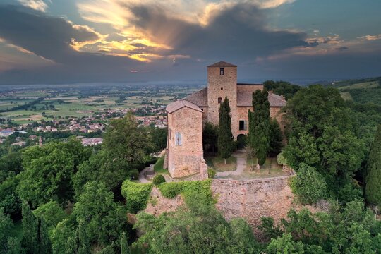 aerial view of Bianello castle. Quattro Castella, Reggio Emilia, Italy