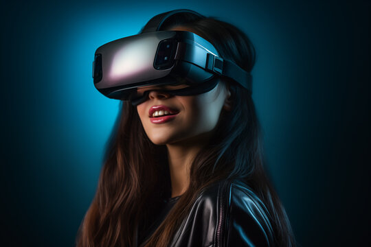 Woman using virtual reality headset in advanced tech exploration