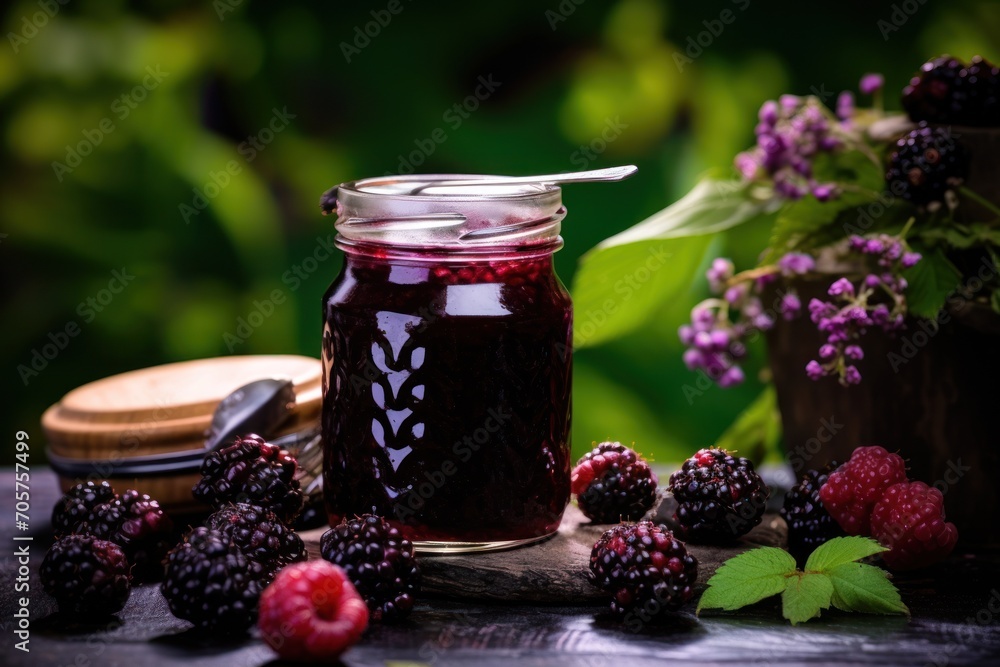 Poster a jar of raspberry jam on a table surrounded by berries and a jar of jam with a spoon in the middle 