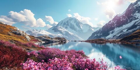 beautiful mountain landscape with lake and flowers and clouds under the blue sky - obrazy, fototapety, plakaty