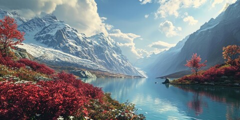 beautiful mountain landscape with lake and flowers and clouds under the blue sky