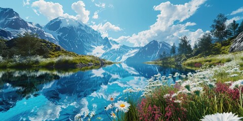 Fototapeta na wymiar beautiful mountain landscape with lake and flowers and clouds under the blue sky