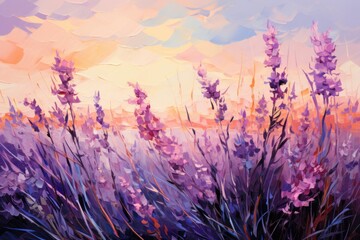  a painting of a field of lavender flowers with the sun setting in the distance behind it and a painting of a field of lavender flowers with purple flowers in the foreground.