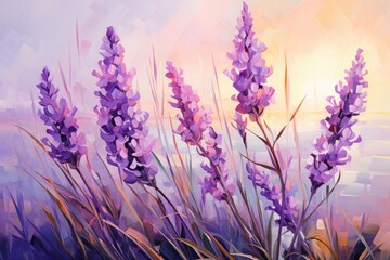  a painting of a bunch of purple flowers in a field with the sun setting in the background and a painting of a bunch of purple flowers in the foreground.