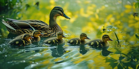 parents with ducklings swimming in the pond - obrazy, fototapety, plakaty