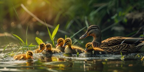 parents with ducklings swimming in the pond - obrazy, fototapety, plakaty