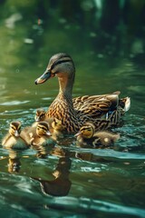 parents with ducklings swimming in the pond