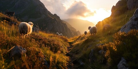 sheep on a hill stand before a sunset, mountainous vistas