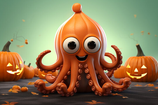 Cute avatar 3D image of octopus with halloween clothes on