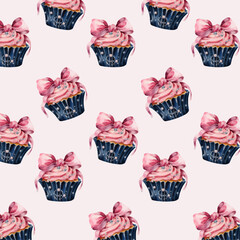 Vector watercolour cupcake pattern. Pink cupcake with a bow and decorative beads. Fabric design, party napkins design, birthday party decor