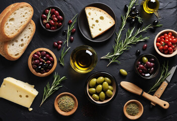 Mediterranean Appetizer Spread on Black Stone Background