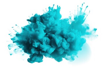  a blue substance is in the air and is in the middle of a cloud of teal blue ink on a white background with a slight shadow of the left side of the image.
